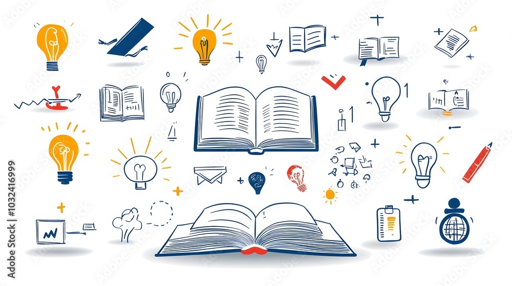 Poster Set of thin line icons illustrating various knowledge related concepts such as books globes ideas and cleverness  Designed with a simple modern aesthetic to represent the themes of learning study