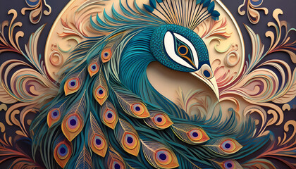 Obraz premium Colorful peacock pattern with flowers and ornaments, papercut style