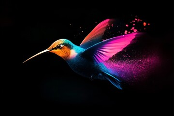 Obraz premium Digital art piece hummingbird flight mid-flight its wings Birds. Dispersion, splatter effect