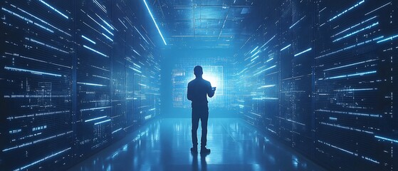 Modern Systems Administrator Monitoring Server Performance on Holographic Display in Futuristic Office Setting