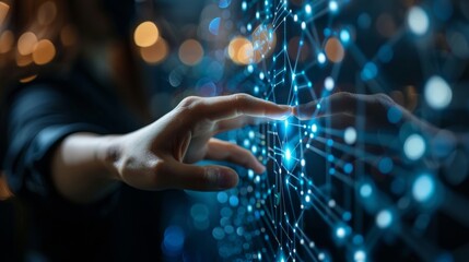 Businesswoman's hand interacting with a digital network, representing AI, Big Data, and technological advancements