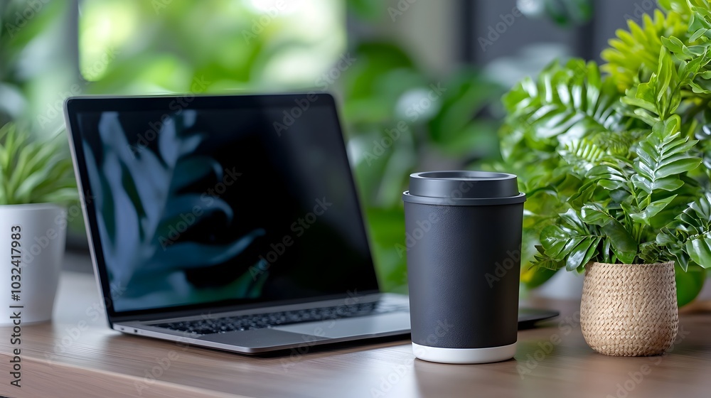 Aufkleber Stylish reusable coffee cup placed next to laptop on a desk in a modern minimalist workspace  Showcasing a productive and creative work environment