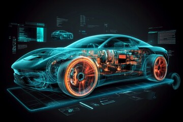 Fototapeta premium Digital illustration car futuristic design shown side view Diagnostic Auto in HUD
