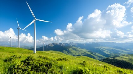 Scenic landscape with wind turbines harnessing clean renewable energy on a sunny day  Wind farm generating eco friendly electricity in a rural countryside setting