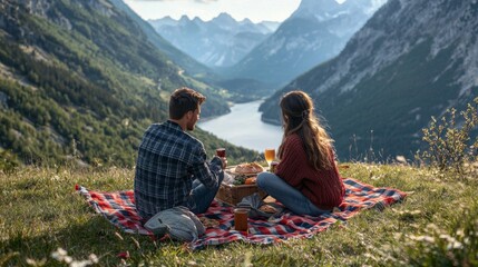 Naklejka premium Couple enjoying a picnic on a mountain top, with breathtaking views in the background