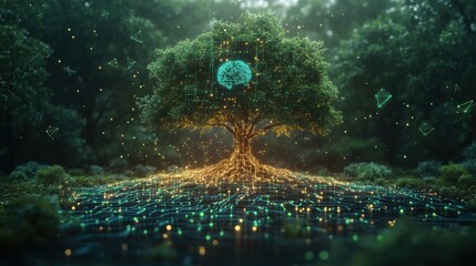 Digital Tree of Knowledge in Lush Forest Setting