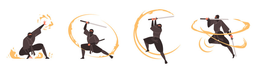 Vector set of ninja warriors in motion on an isolated background.