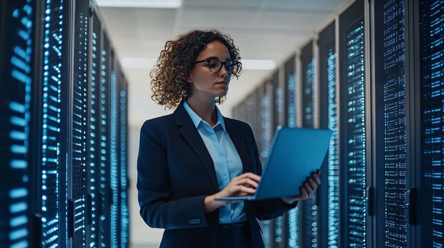 Modern Data Center Analysis Female IT Professional Examining Rows of Illuminated Hard Drives and Code Streams