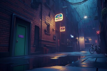 Naklejka premium Digital illustration street night wet there are puddles Back alley
