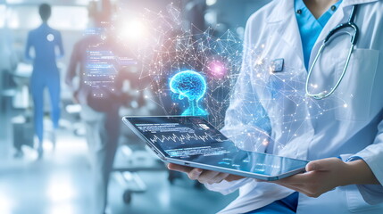 Future of Medicine: A futuristic image of a doctor interacting with a holographic human skeleton, representing the potential of technology to revolutionize healthcare.  