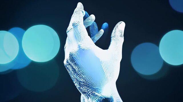 X-ray style digital hands with highlighted bones on a dark background. VIDEO