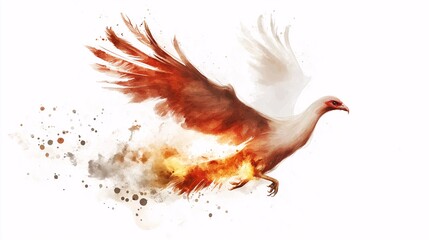 Obraz premium Phoenix Rising: A fiery phoenix bird emerges from the ashes, its wings ablaze with vibrant orange and yellow flames, symbolizing hope, rebirth, and resilience. The ethereal smoke trails behind.