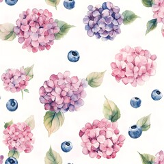 Watercolor Floral Pattern with Hydrangeas and Blueberries