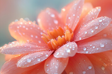 Fototapeta premium A close-up of a delicate pink flower adorned with glistening water droplets, creating a soft, dreamy atmosphere.