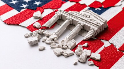 Crumbling building faade on broken American flag imagery 