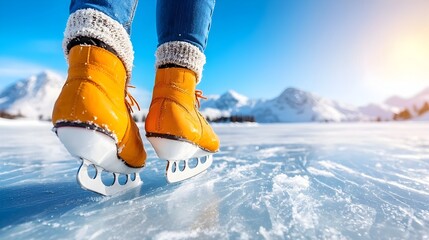 Serene winter landscape showcasing a frozen lake with a person ice skating surrounded by a snowy environment with pine trees and a picturesque tranquil atmosphere