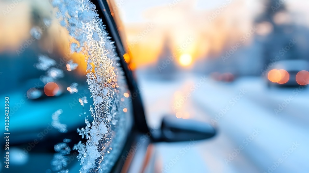Poster Mesmerizing frosty patterns and crystalline formations decoratively covering the surface of a transparent glass window during the cold winter season