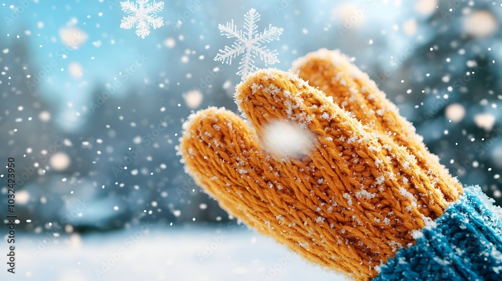 Poster delicate snowflakes gently falling onto a soft and warm wool scarf and mittens creating a tranquil a