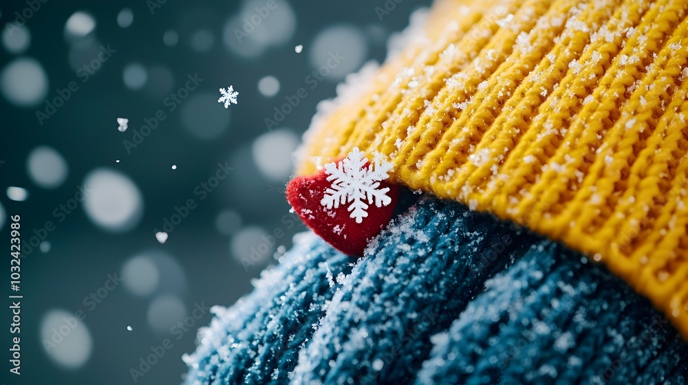 Poster close up shot of delicate intricate snowflakes gently drifting and landing on a soft cozy wool scarf