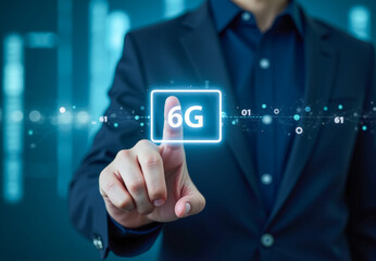 A man's hand presses a button with the inscription 6G in a virtual space, abstract background