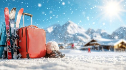 Winter travel scene with skis, suitcase, and snow gear against a snowy mountain backdrop on a sunny day, capturing the essence of adventure.