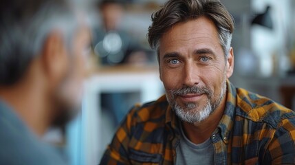 Obraz premium A middle-aged man discussing symptoms with a urologist in a modern consultation room, emphasizing confidential and professional care