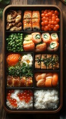 Beautifully Arranged Modern Bento Box Showcasing Diverse Japanese Cuisine