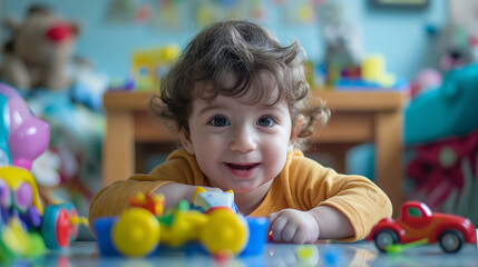 Portrait of cute smiling child playing with toys sitting at a table in kindergarten, copy space