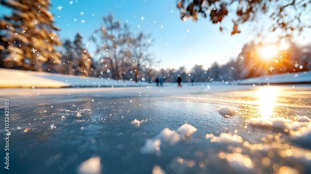 Aufkleber scenic view of a frozen lake with ice skaters gliding across the glittering surface surrounded by a 