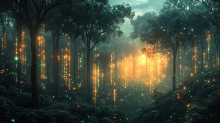 Enchanted Forest with Glowing Elements at Dusk