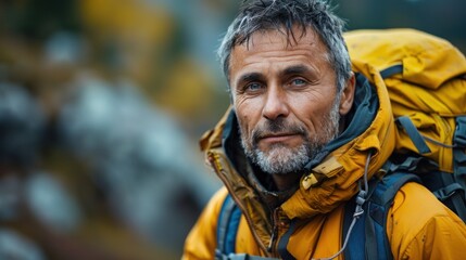 A middle-aged man hiking alone in scenic mountains, adventure and outdoor lifestyle