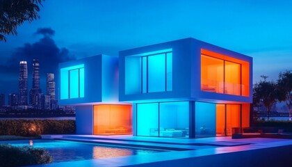 Modern two-story house unique design is located rooftop A smart home