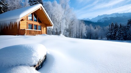Fototapeta premium Cozy snow covered wooden cabin nestled in a serene snow blanketed forest landscape with icicles hanging from the roof and snowdrifts all around offering a peaceful winter retreat