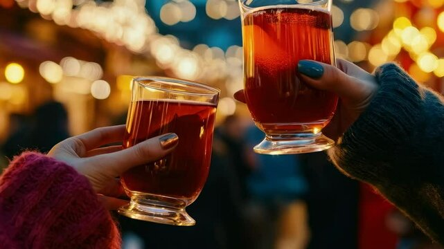 mulled wine in hands at the fair. Selective focus