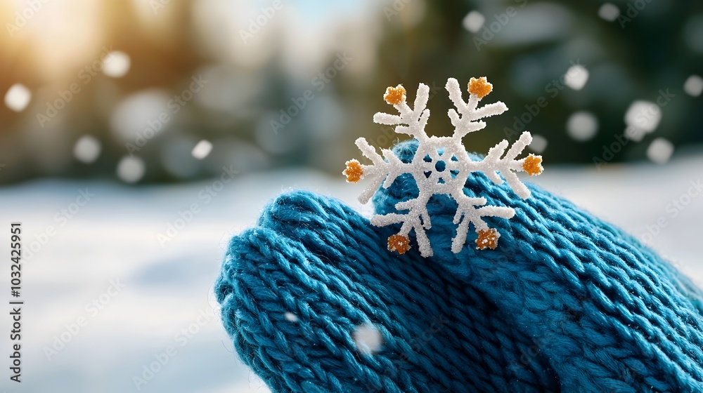 Poster Closeup view of a single intricate snowflake softly landing on the textured surface of a warm woolen winter mitten against a backdrop of crisp cold air on a snowy day