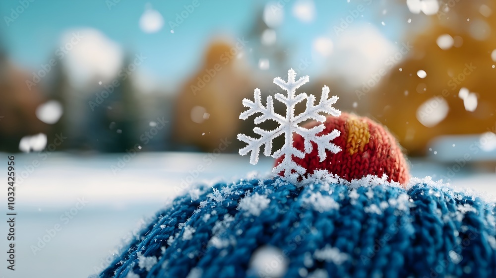 Poster Close up of a delicate intricate snowflake gently landing on the soft textured surface of a warm wool mitten in the crisp winter air