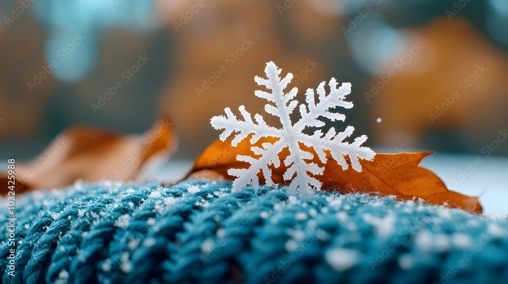 Poster A captivating close up view of a single snowflake gently landing on the soft textured surface of a warm wool mitten showcasing the intricate