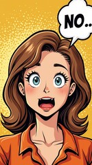 Surprised woman in comic style with speech bubble saying no