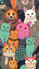 Naklejka premium The pattern of dog heads and cats in a pop-up style with extreme colors