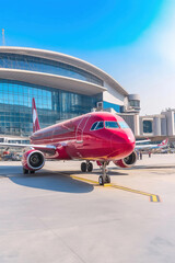 Fototapeta premium A bright red aircraft parked at a modern airport terminal on a sunny day