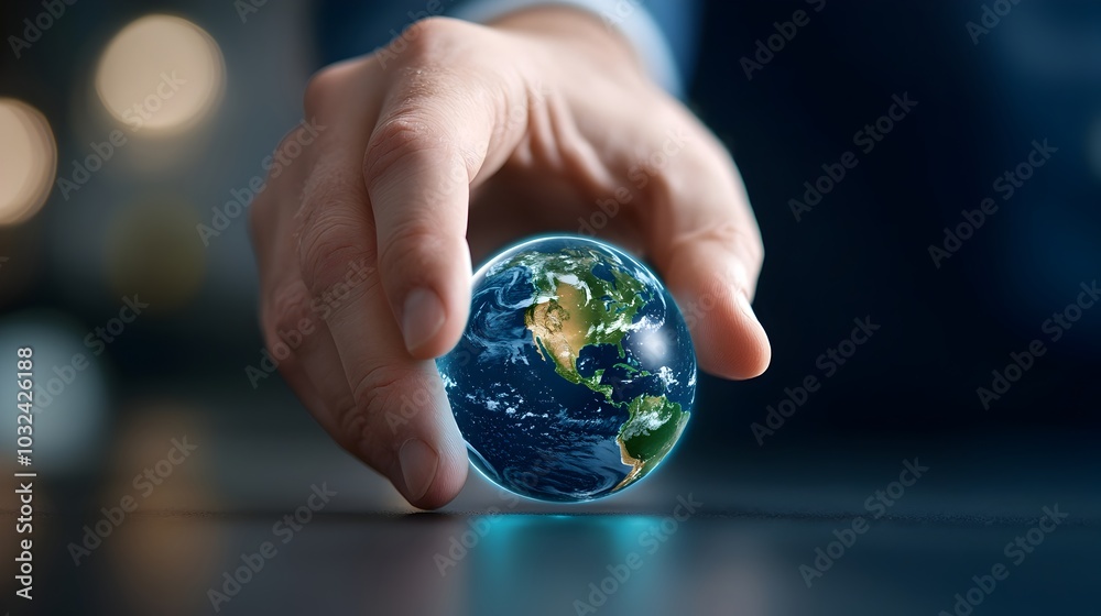 Aufkleber Hand Navigating Holographic 3D Globe Symbolizing Worldwide Data Access and Information Flow  Futuristic Digital Interface Representing Global Connectivity Technology Innovation and Data Visualization