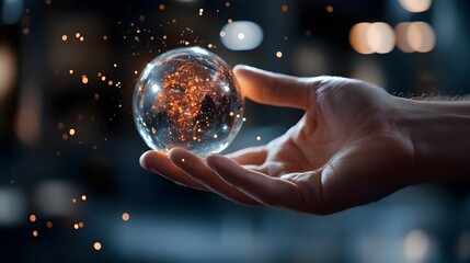 Hand navigating a holographic 3D globe representing the worldwide access and flow of data and information enabled by modern technology and digital networks
