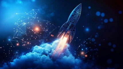 Rocket taking off from cloud is center image Blue glowing light bulb