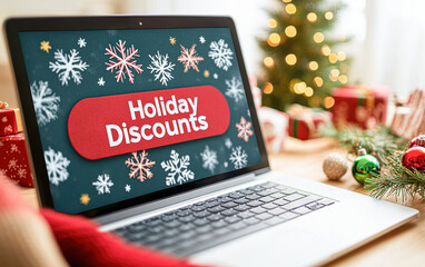 Obraz premium A laptop screen shows a Christmas tree with a red holiday discounts button