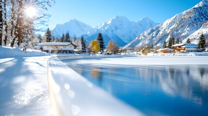 Breathtaking winter landscape featuring a frozen lake perfect for ice skating surrounded by a serene forest of snow covered trees and majestic snow capped mountain peaks in the distance