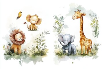 Fototapeta premium Set four illustrations different animals natural setting Safari Animal zebra