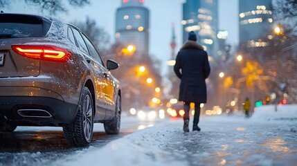 Snowy city streets during the winter season with streetlights casting a warm glow and people walking in warm winter attire on the snow covered sidewalks