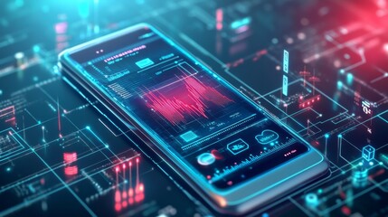 Smartphone futuristic interface screen background is dark blue A mobile phone showing