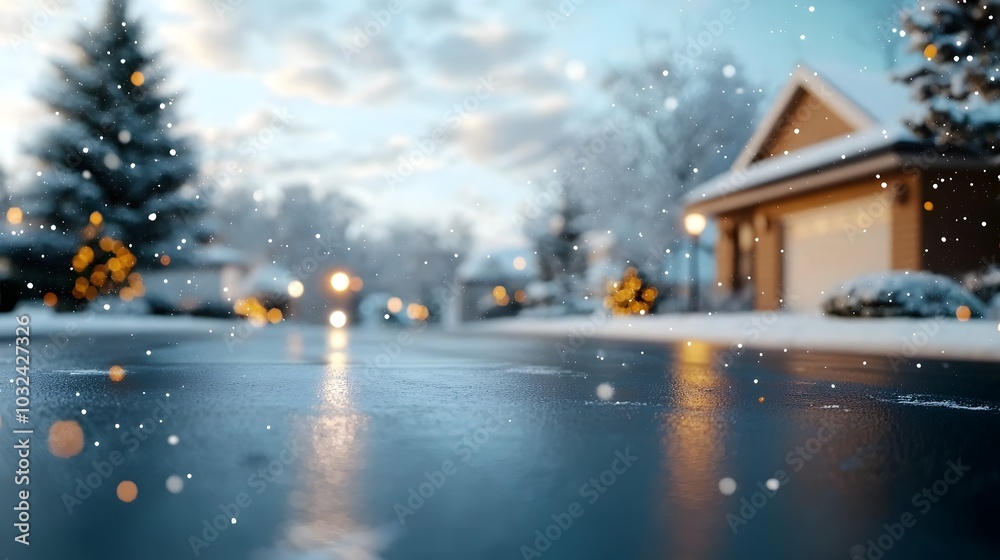 Aufkleber serene and enchanting winter scene of a snowy street lined with snow covered trees in a peaceful res