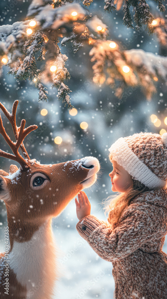 Wall mural A little girl is petting a deer in the snow